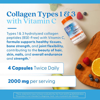 Doctor's Best Collagen Types 1 & 3 with Vitamin C, Non-GMO, Gluten Free, Soy Free, Supports Hair, Skin, Nails, Tendons & Bones, 500 mg, 240 Caps (DRB-00263) - dailyvitalstore