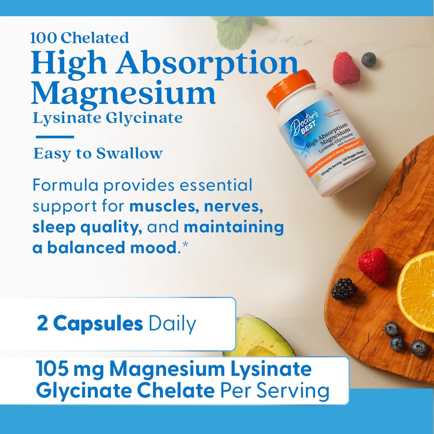 Doctor's Best High Absorption Magnesium Glycinate Lysinate Supplement for Sleep Support - Chelated Magnesium Capsules for Women & Men, 105 mg per Serving, Calm Support, Vegan - 120 Veg Caps - dailyvitalstore