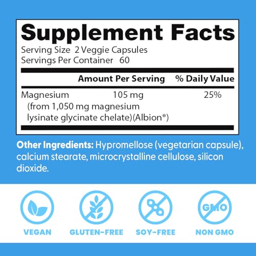 Doctor's Best High Absorption Magnesium Glycinate Lysinate Supplement for Sleep Support - Chelated Magnesium Capsules for Women & Men, 105 mg per Serving, Calm Support, Vegan - 120 Veg Caps - dailyvitalstore