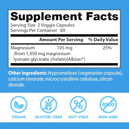 Doctor's Best High Absorption Magnesium Glycinate Lysinate Supplement for Sleep Support - Chelated Magnesium Capsules for Women & Men, 105 mg per Serving, Calm Support, Vegan - 120 Veg Caps - dailyvitalstore