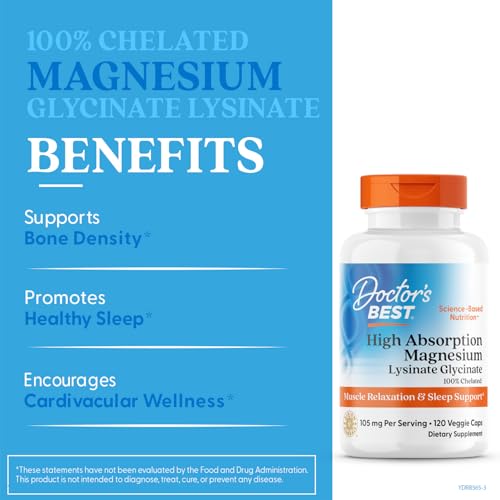 Doctor's Best High Absorption Magnesium Glycinate Lysinate Supplement for Sleep Support - Chelated Magnesium Capsules for Women & Men, 105 mg per Serving, Calm Support, Vegan - 120 Veg Caps - dailyvitalstore