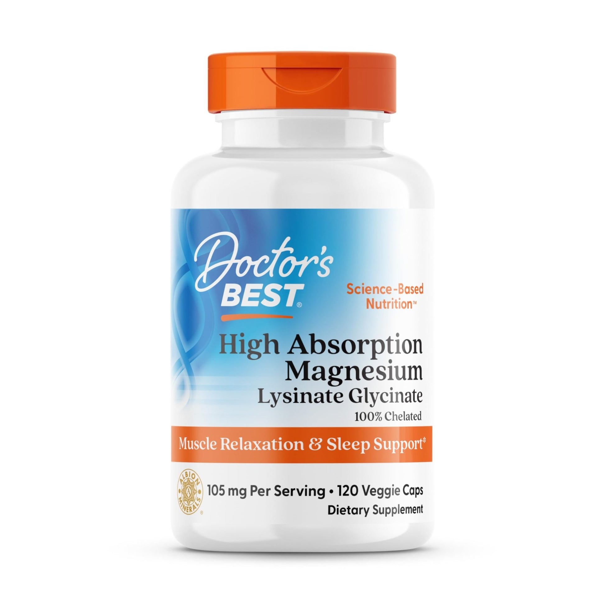 Doctor's Best High Absorption Magnesium Glycinate Lysinate Supplement for Sleep Support - Chelated Magnesium Capsules for Women & Men, 105 mg per Serving, Calm Support, Vegan - 120 Veg Caps - dailyvitalstore