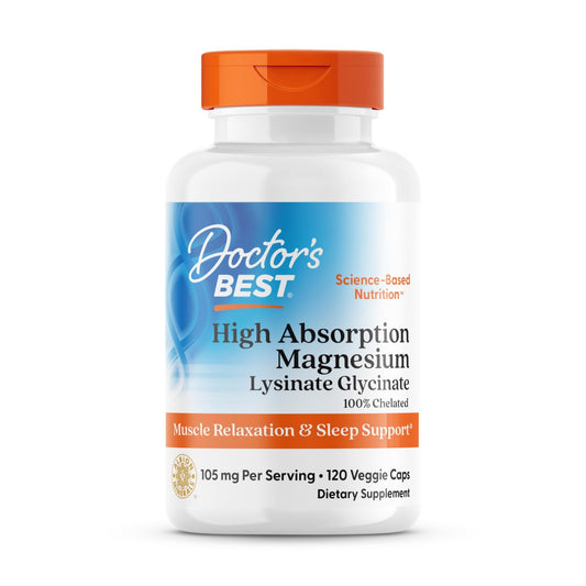 Doctor's Best High Absorption Magnesium Glycinate Lysinate Supplement for Sleep Support - Chelated Magnesium Capsules for Women & Men, 105 mg per Serving, Calm Support, Vegan - 120 Veg Caps - dailyvitalstore