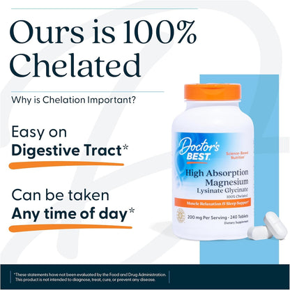 Doctor's Best High Absorption Magnesium Glycinate Lysinate Supplement for Sleep Support - Chelated Magnesium Tablets for Women & Men, 200mg per Serving, Supports Calm & Relaxation, Vegan - 120 Count - dailyvitalstore