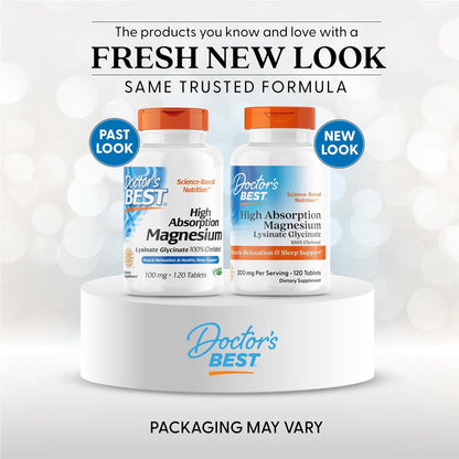 Doctor's Best High Absorption Magnesium Glycinate Lysinate Supplement for Sleep Support - Chelated Magnesium Tablets for Women & Men, 200mg per Serving, Supports Calm & Relaxation, Vegan - 120 Count - dailyvitalstore