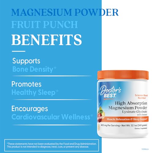 Doctors Best High Absorption Magnesium Powder Lysinate Glycinate 100% Chelated, Muscle Relaxation & Sleep Support, Gluten Free, Vegan, 100% Chelated Net Wt. 12.1 oz (340 Grams), Fruit Punch Flavor - dailyvitalstore