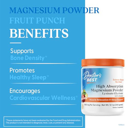Doctors Best High Absorption Magnesium Powder Lysinate Glycinate 100% Chelated, Muscle Relaxation & Sleep Support, Gluten Free, Vegan, 100% Chelated Net Wt. 12.1 oz (340 Grams), Fruit Punch Flavor - dailyvitalstore