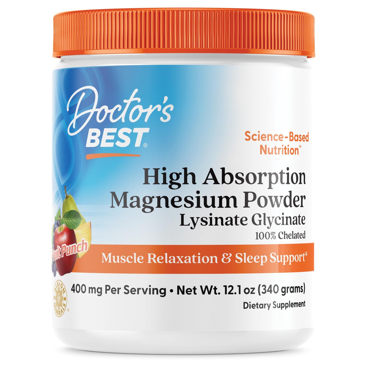 Doctors Best High Absorption Magnesium Powder Lysinate Glycinate 100% Chelated, Muscle Relaxation & Sleep Support, Gluten Free, Vegan, 100% Chelated Net Wt. 12.1 oz (340 Grams), Fruit Punch Flavor - dailyvitalstore