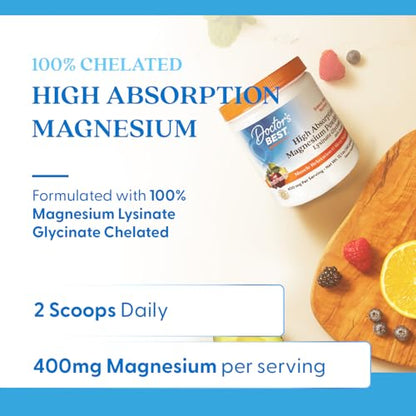Doctors Best High Absorption Magnesium Powder Lysinate Glycinate 100% Chelated, Muscle Relaxation & Sleep Support, Gluten Free, Vegan, 100% Chelated Net Wt. 12.1 oz (340 Grams), Fruit Punch Flavor - dailyvitalstore