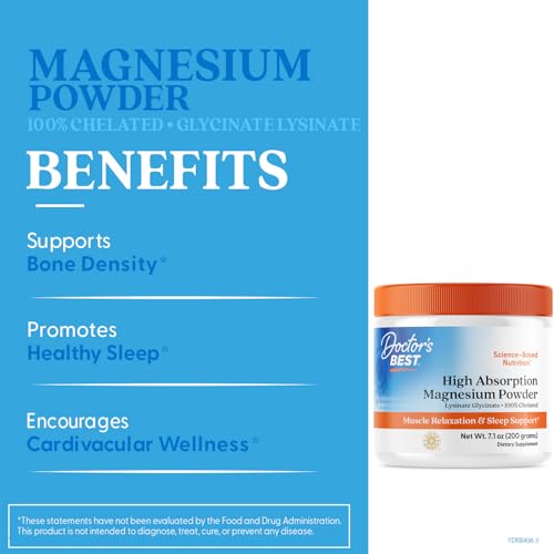 Doctor's Best High Absorption Magnesium Powder,White, 100% Chelated TRACCS, Not Buffered, Headaches, Sleep, Energy. Non-GMO, Vegan, Gluten Free, 200G, 7.1 Ounce (Pack of 1) - dailyvitalstore