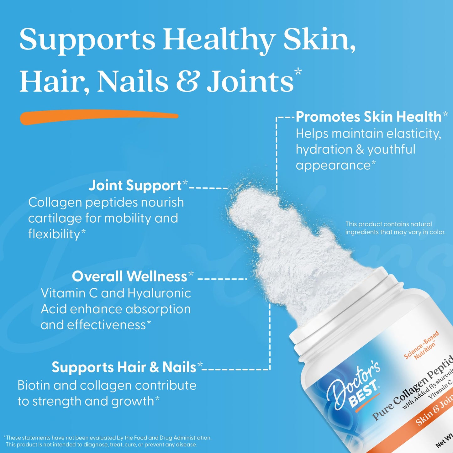 Doctor's BEST Pure Collagen Peptides w/Hyaluronic Acid - Collagen Powder Supplement for Women & Men, Unflavored, 18 g Protein & 90 mg Vitamin C per Serving, Supports Healthy Skin & Hair - 14.8 oz - dailyvitalstore