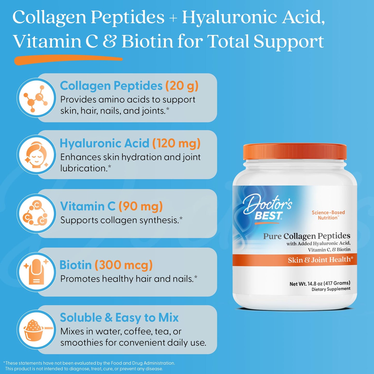 Doctor's BEST Pure Collagen Peptides w/Hyaluronic Acid - Collagen Powder Supplement for Women & Men, Unflavored, 18 g Protein & 90 mg Vitamin C per Serving, Supports Healthy Skin & Hair - 14.8 oz - dailyvitalstore