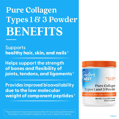 Doctor's Best Pure Collagen Types 1 & 3, Promotes Healthy Skin Hair & Nails – Bone & Joint Support, 7.1 Ounce (Pack of 1) - dailyvitalstore