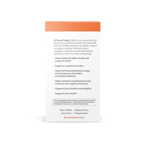 Doctor's Best SAM-e Mood & Joint Support & Liver Health (Pharmaceutical Grade/Non-GMO/Gluten Free/Vegetarian), Tablet, 60 Count (Pack of 1) - dailyvitalstore