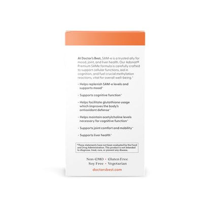 Doctor's Best SAM-e Mood & Joint Support & Liver Health (Pharmaceutical Grade/Non-GMO/Gluten Free/Vegetarian), Tablet, 60 Count (Pack of 1) - dailyvitalstore