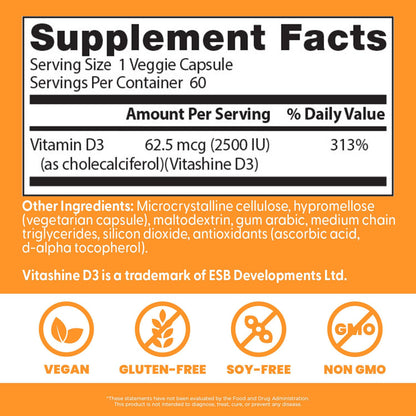 Doctors Best Vegan Vitamin D3 2500 IU Veg Caps - Vegan Vitamin D Supplement for Men & Women, Helps Support Calcium Absorption, Heart Health & Immune Support, - dailyvitalstore