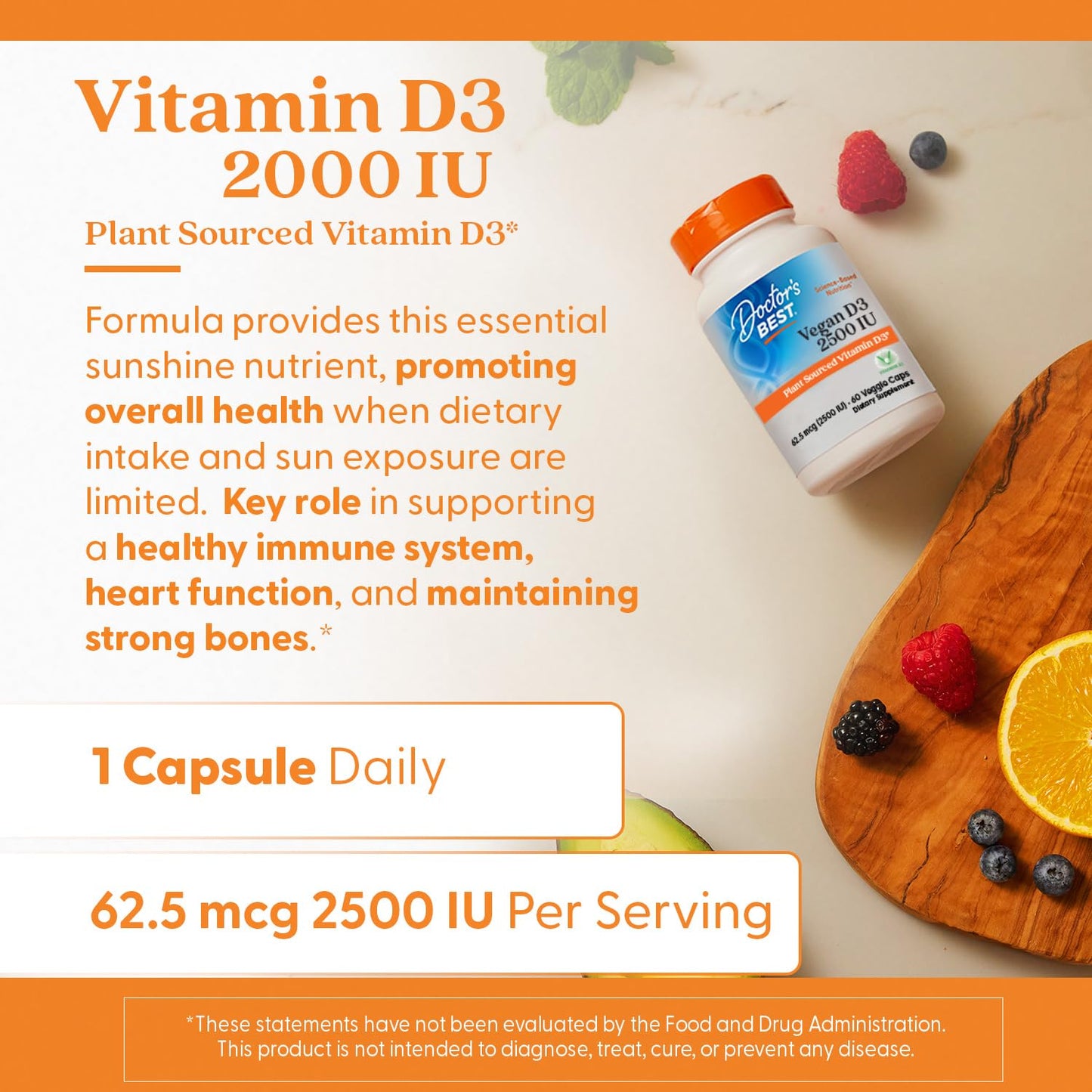 Doctors Best Vegan Vitamin D3 2500 IU Veg Caps - Vegan Vitamin D Supplement for Men & Women, Helps Support Calcium Absorption, Heart Health & Immune Support, - dailyvitalstore