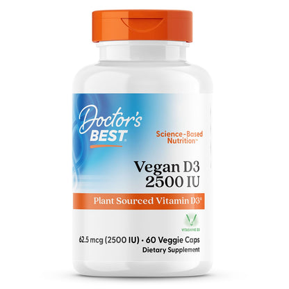 Doctors Best Vegan Vitamin D3 2500 IU Veg Caps - Vegan Vitamin D Supplement for Men & Women, Helps Support Calcium Absorption, Heart Health & Immune Support, - dailyvitalstore