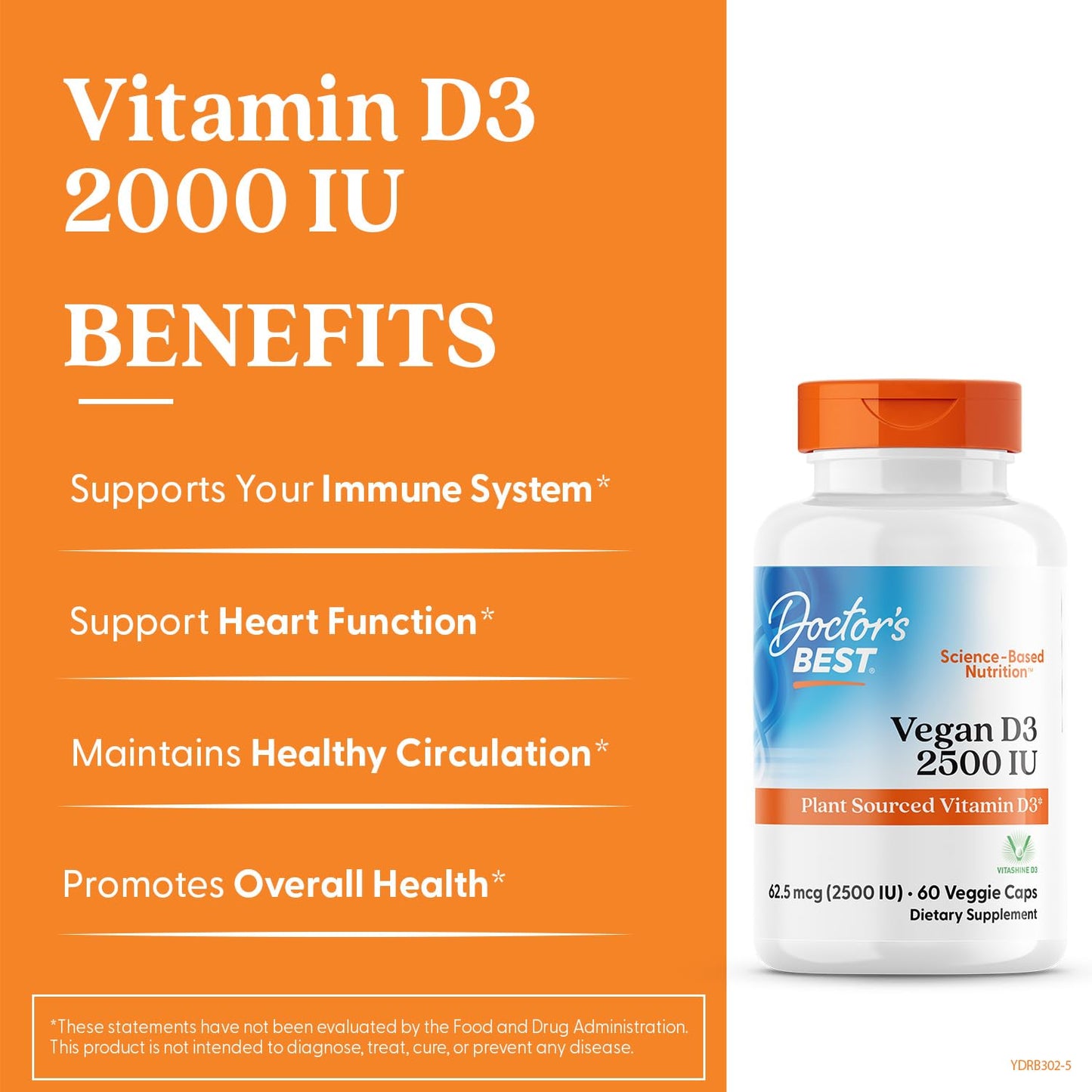 Doctors Best Vegan Vitamin D3 2500 IU Veg Caps - Vegan Vitamin D Supplement for Men & Women, Helps Support Calcium Absorption, Heart Health & Immune Support, - dailyvitalstore