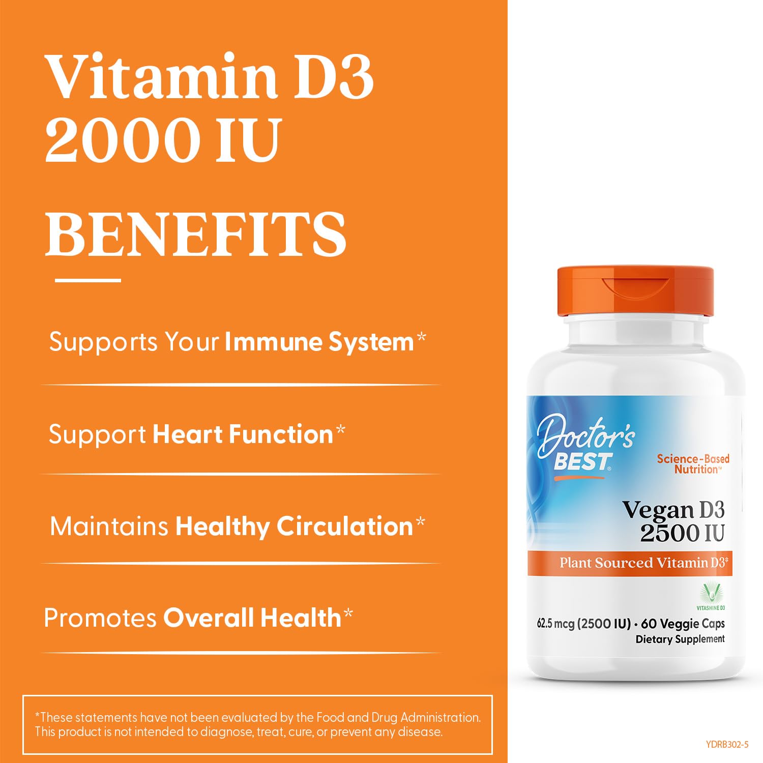 Doctors Best Vegan Vitamin D3 2500 IU Veg Caps - Vegan Vitamin D Supplement for Men & Women, Helps Support Calcium Absorption, Heart Health & Immune Support, - dailyvitalstore