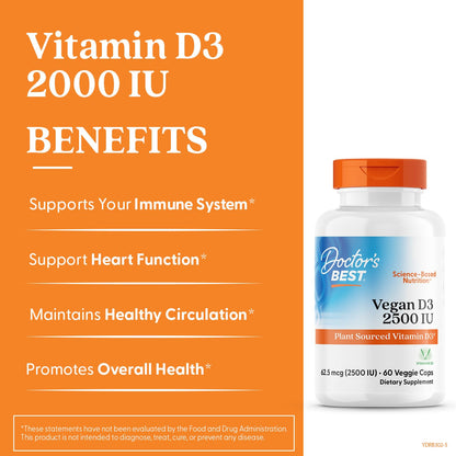 Doctors Best Vegan Vitamin D3 2500 IU Veg Caps - Vegan Vitamin D Supplement for Men & Women, Helps Support Calcium Absorption, Heart Health & Immune Support, - dailyvitalstore
