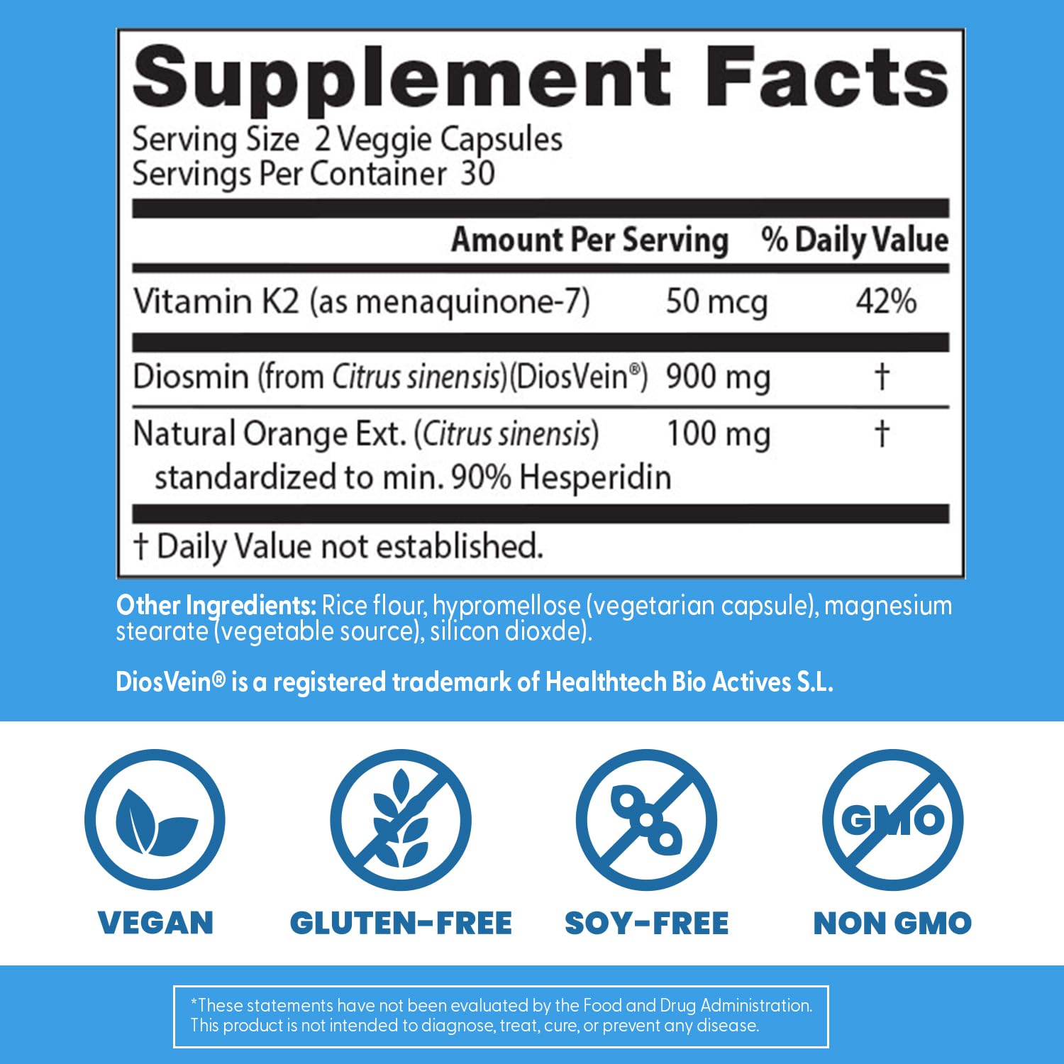 Doctor's Best Vein Support Supplement - Contains Diosmin & Hesperidin, Circulation Support for Legs & Feet, for Men & Women, Formula with Vitamin K2 & Natural Orange Extract, Vegan - 60 Veg Caps - dailyvitalstore