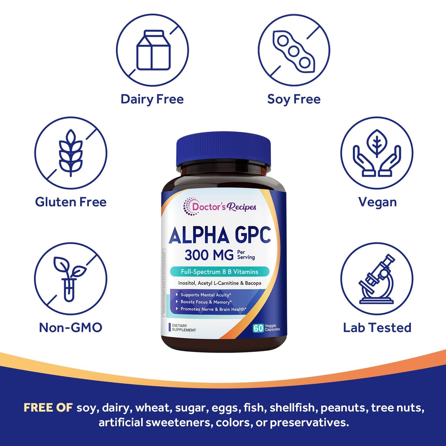 Doctor's Recipes Alpha GPC 300 mg Supplement, with 8 B Vitamins, Inositol, Acetyl L-Carnitine, Highly Bioavailable Source of Choline, 12-in-1 Cognitive Support for Women & Men, 60 Veggie Capsules - dailyvitalstore