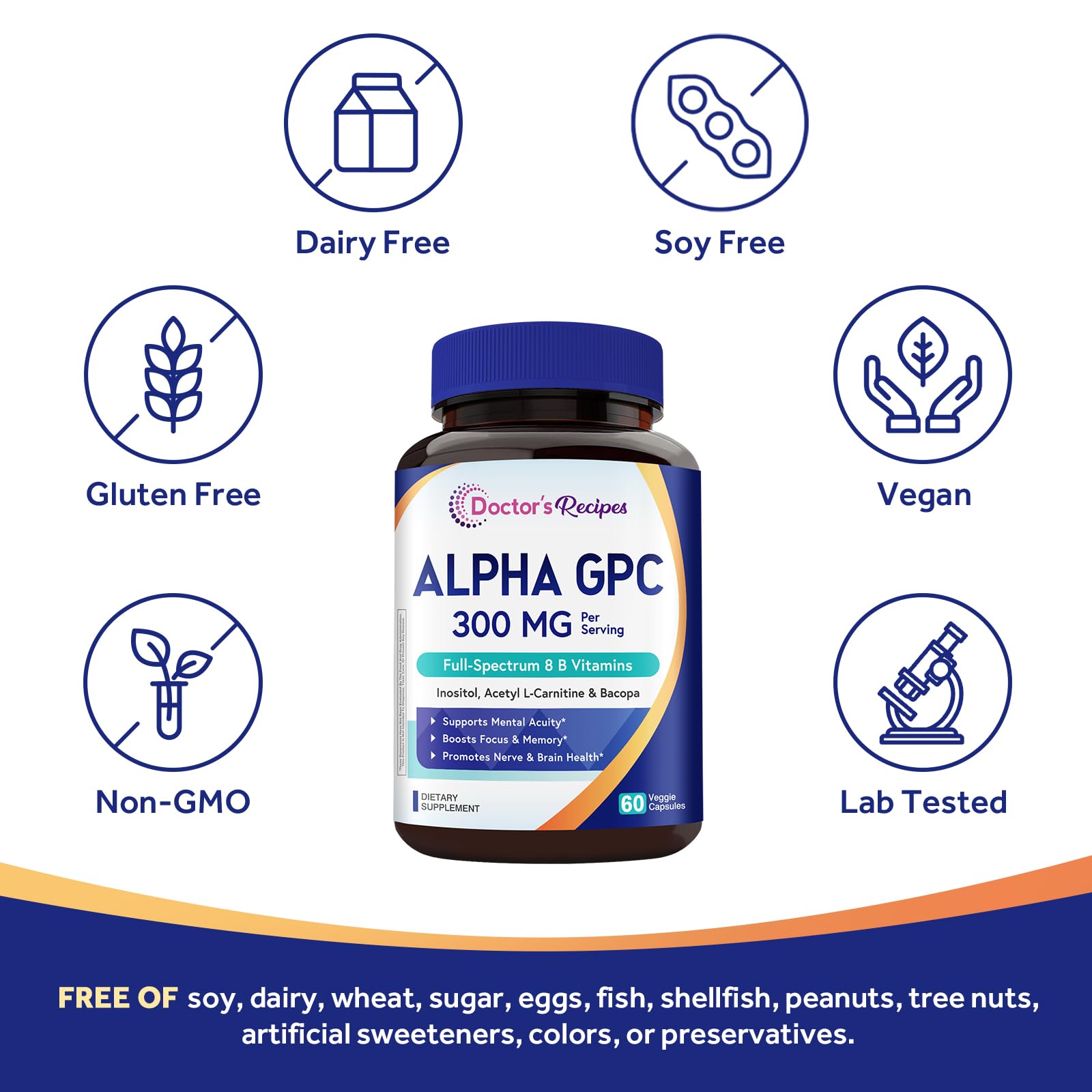 Doctor's Recipes Alpha GPC 300 mg Supplement, with 8 B Vitamins, Inositol, Acetyl L-Carnitine, Highly Bioavailable Source of Choline, 12-in-1 Cognitive Support for Women & Men, 60 Veggie Capsules - dailyvitalstore