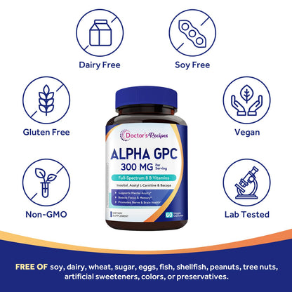 Doctor's Recipes Alpha GPC 300 mg Supplement, with 8 B Vitamins, Inositol, Acetyl L-Carnitine, Highly Bioavailable Source of Choline, 12-in-1 Cognitive Support for Women & Men, 60 Veggie Capsules - dailyvitalstore
