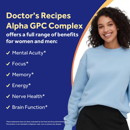 Doctor's Recipes Alpha GPC 300 mg Supplement, with 8 B Vitamins, Inositol, Acetyl L-Carnitine, Highly Bioavailable Source of Choline, 12-in-1 Cognitive Support for Women & Men, 60 Veggie Capsules - dailyvitalstore