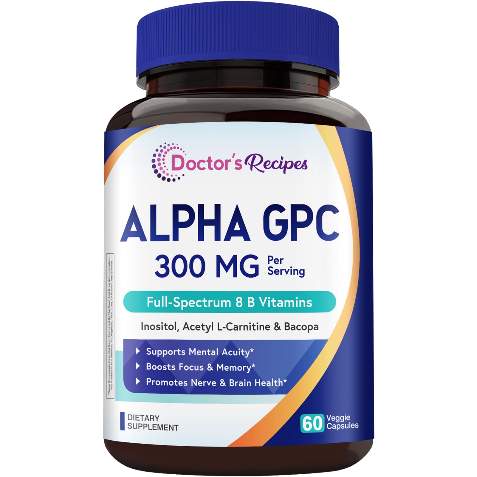 Doctor's Recipes Alpha GPC 300 mg Supplement, with 8 B Vitamins, Inositol, Acetyl L-Carnitine, Highly Bioavailable Source of Choline, 12-in-1 Cognitive Support for Women & Men, 60 Veggie Capsules - dailyvitalstore