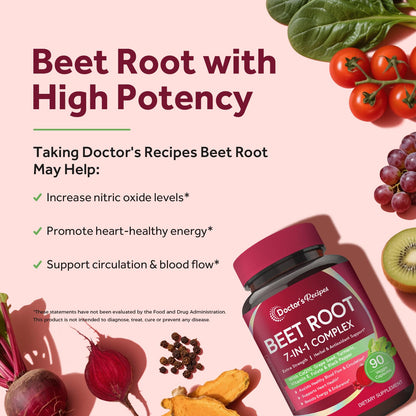 Doctor's Recipes Beet Root Capsules, 20:1 Extract with Grape Seed, CoQ10, Turmeric, Black Pepper for Enhanced Absorption, Supports Heart, Circulation, Energy & Nitric Oxide, Non-GMO, 90 Veg Caps - dailyvitalstore