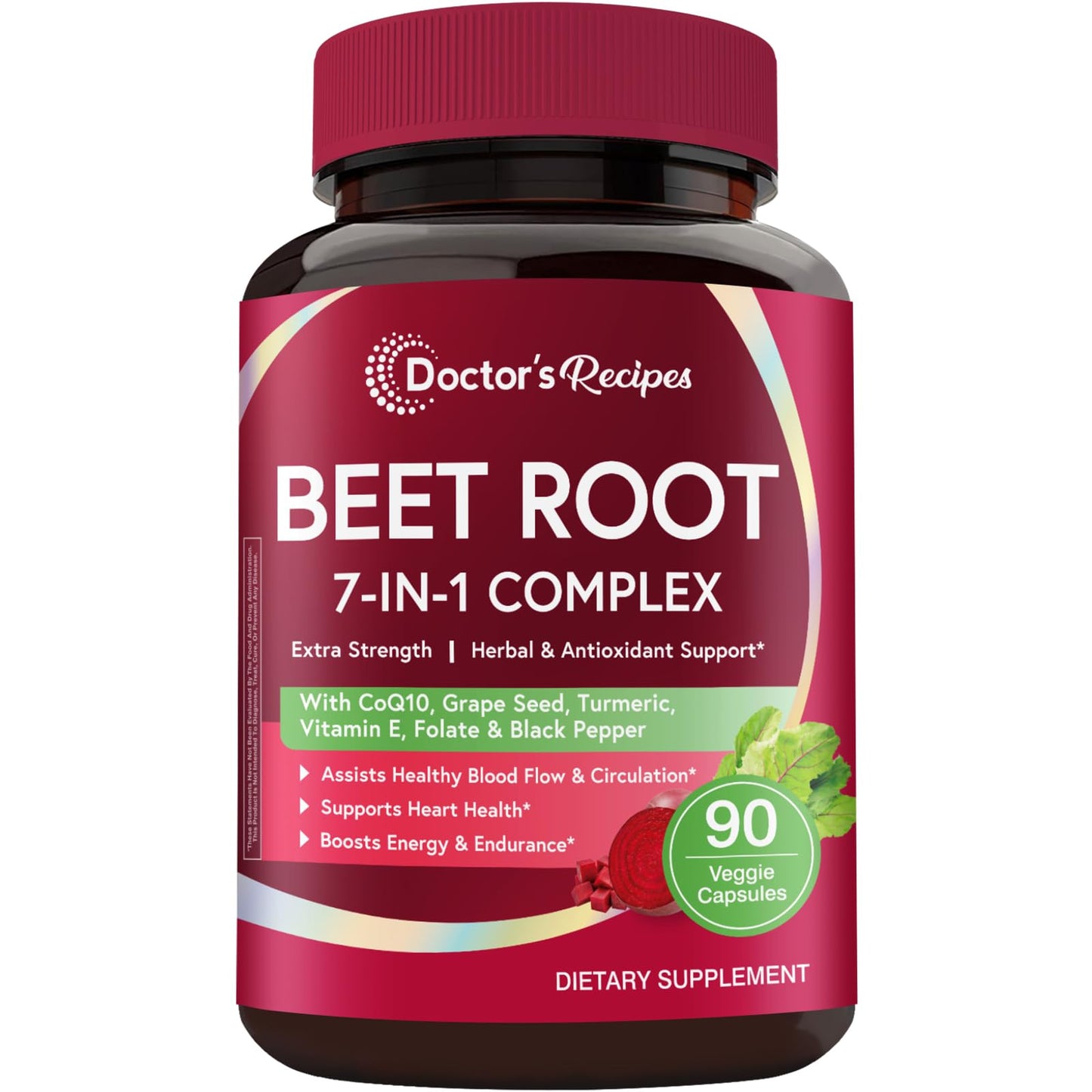 Doctor's Recipes Beet Root Capsules, 20:1 Extract with Grape Seed, CoQ10, Turmeric, Black Pepper for Enhanced Absorption, Supports Heart, Circulation, Energy & Nitric Oxide, Non-GMO, 90 Veg Caps - dailyvitalstore