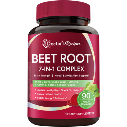 Doctor's Recipes Beet Root Capsules, 20:1 Extract with Grape Seed, CoQ10, Turmeric, Black Pepper for Enhanced Absorption, Supports Heart, Circulation, Energy & Nitric Oxide, Non-GMO, 90 Veg Caps - dailyvitalstore