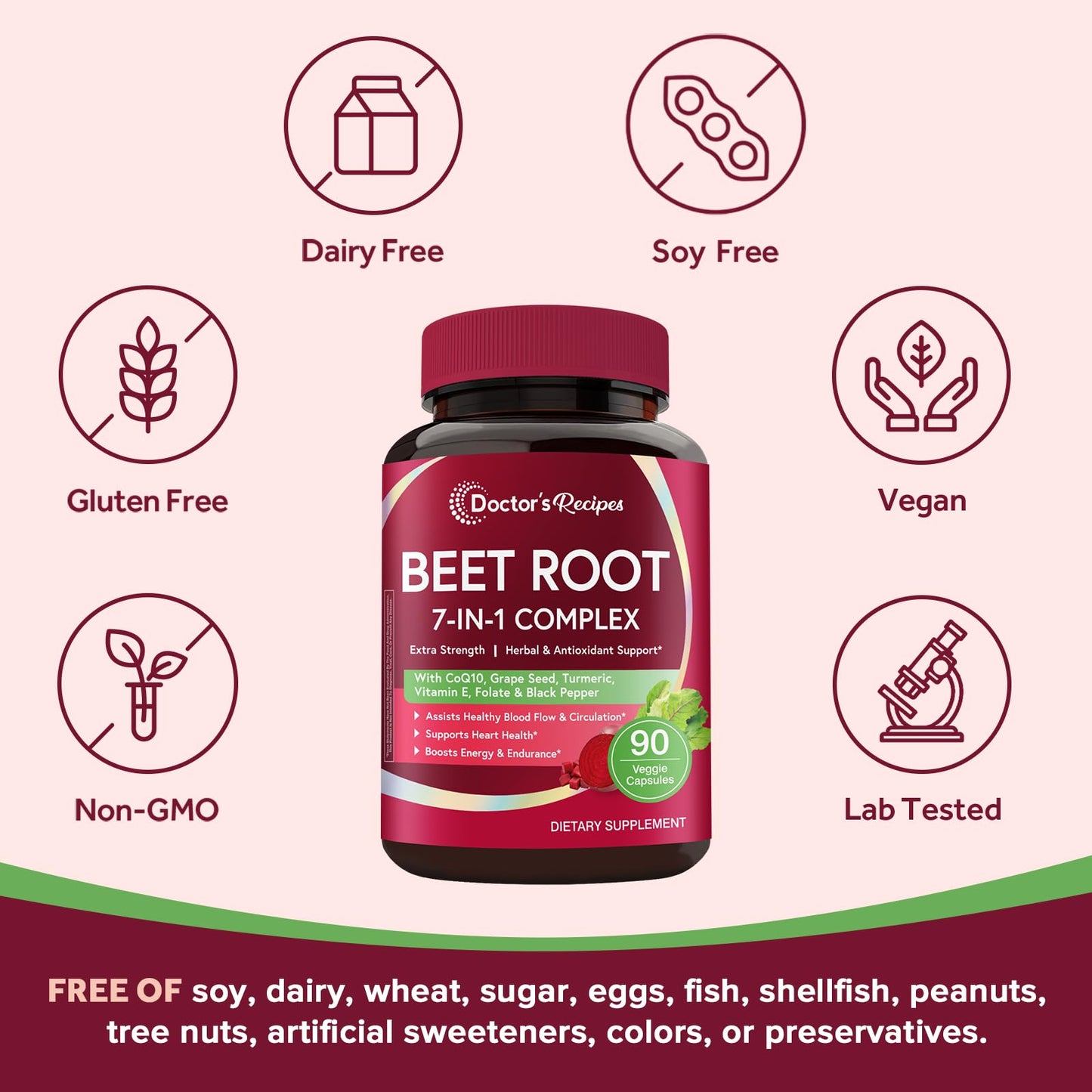 Doctor's Recipes Beet Root Capsules, 20:1 Extract with Grape Seed, CoQ10, Turmeric, Black Pepper for Enhanced Absorption, Supports Heart, Circulation, Energy & Nitric Oxide, Non-GMO, 90 Veg Caps - dailyvitalstore