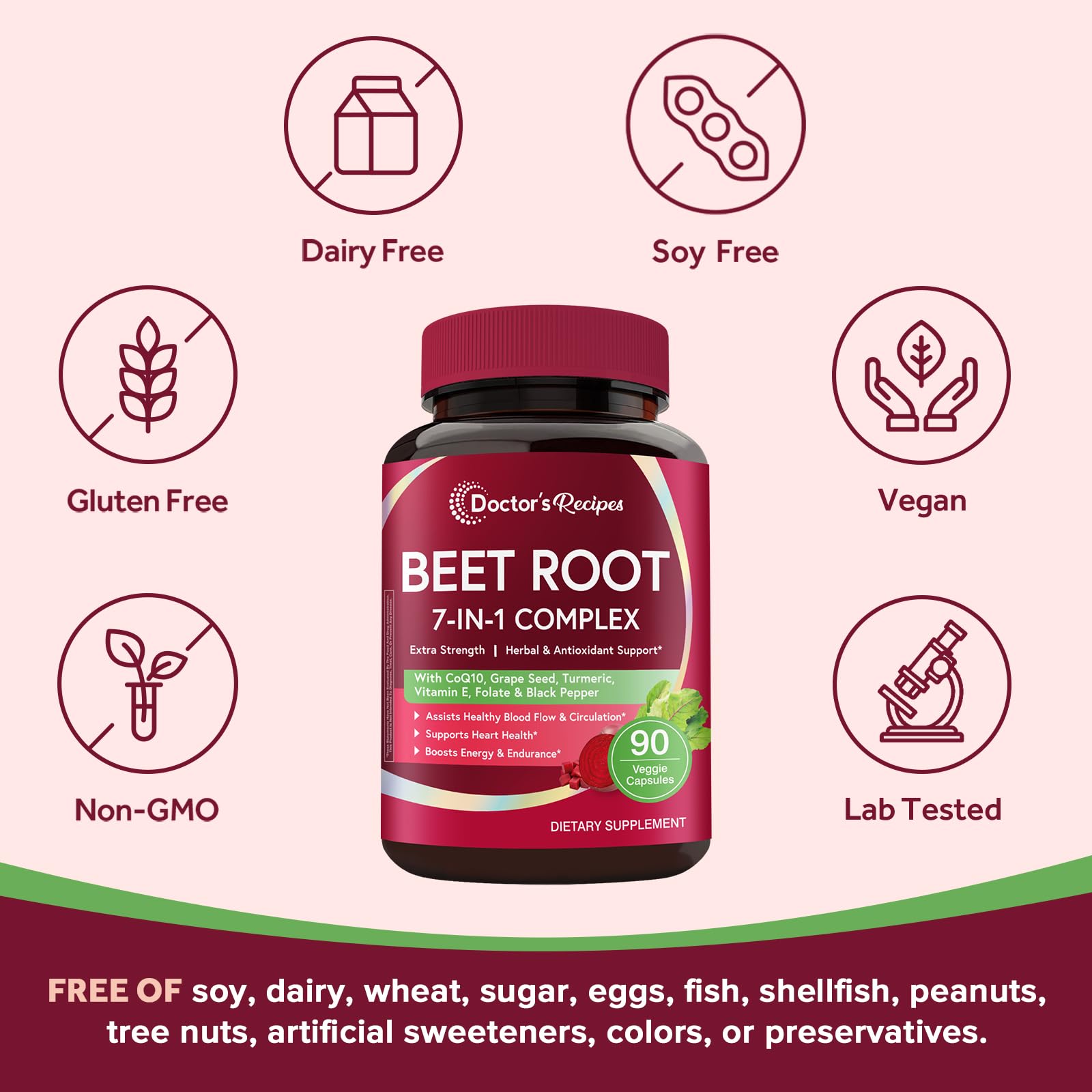 Doctor's Recipes Beet Root Capsules, 20:1 Extract with Grape Seed, CoQ10, Turmeric, Black Pepper for Enhanced Absorption, Supports Heart, Circulation, Energy & Nitric Oxide, Non-GMO, 90 Veg Caps - dailyvitalstore