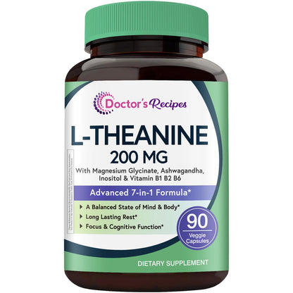 Doctor's Recipes L-Theanine 200 mg, Magnesium Glycinate, Ashwagandha, Inositol, Vitamin B6 B1 B2, Calm Relaxation Mood Cortisol Manager Nerve Focus Sleep Aid Quality No Drowsiness, Vegan, 90 Capsules - dailyvitalstore