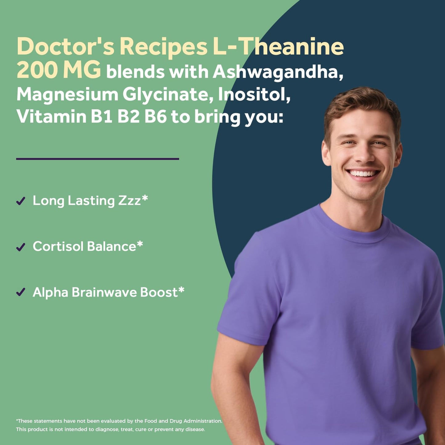 Doctor's Recipes L-Theanine 200 mg, Magnesium Glycinate, Ashwagandha, Inositol, Vitamin B6 B1 B2, Calm Relaxation Mood Cortisol Manager Nerve Focus Sleep Aid Quality No Drowsiness, Vegan, 90 Capsules - dailyvitalstore