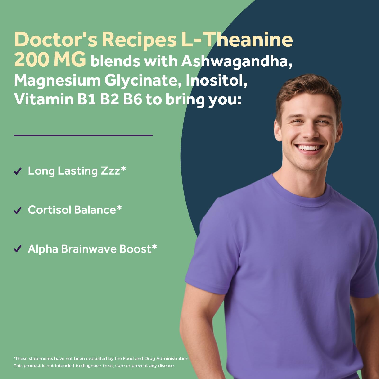 Doctor's Recipes L-Theanine 200 mg, Magnesium Glycinate, Ashwagandha, Inositol, Vitamin B6 B1 B2, Calm Relaxation Mood Cortisol Manager Nerve Focus Sleep Aid Quality No Drowsiness, Vegan, 90 Capsules - dailyvitalstore