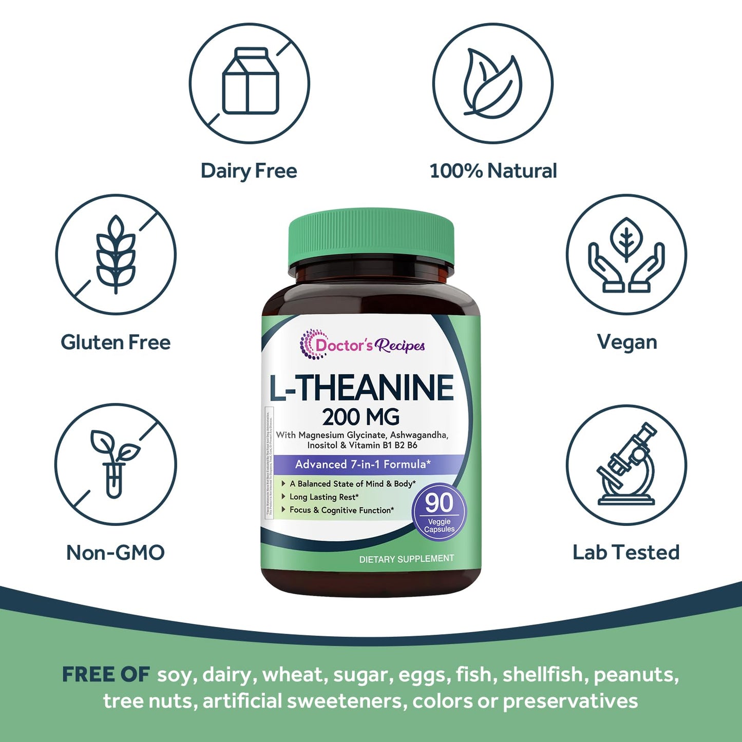 Doctor's Recipes L-Theanine 200 mg, Magnesium Glycinate, Ashwagandha, Inositol, Vitamin B6 B1 B2, Calm Relaxation Mood Cortisol Manager Nerve Focus Sleep Aid Quality No Drowsiness, Vegan, 90 Capsules - dailyvitalstore