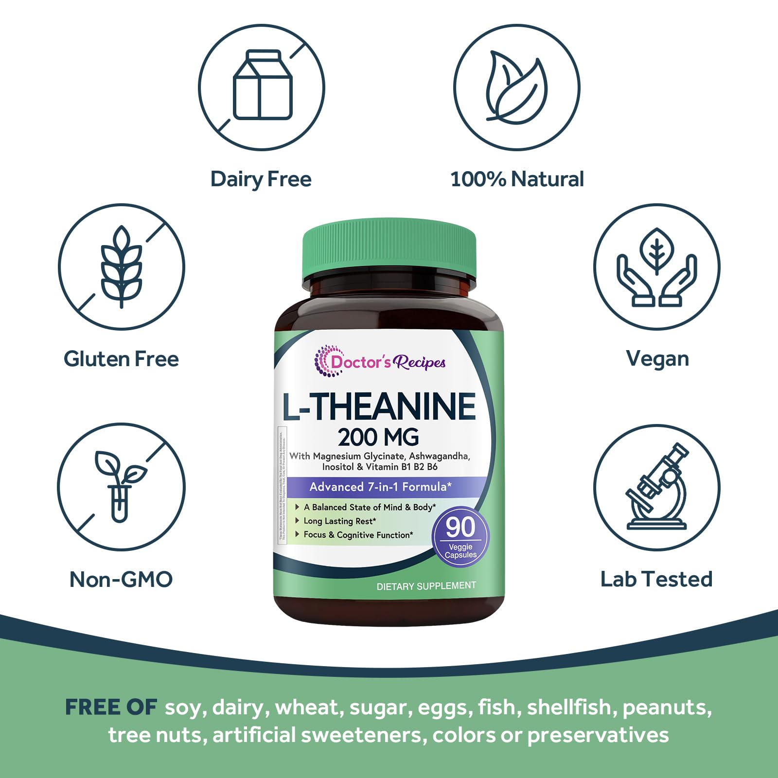 Doctor's Recipes L-Theanine 200 mg, Magnesium Glycinate, Ashwagandha, Inositol, Vitamin B6 B1 B2, Calm Relaxation Mood Cortisol Manager Nerve Focus Sleep Aid Quality No Drowsiness, Vegan, 90 Capsules - dailyvitalstore