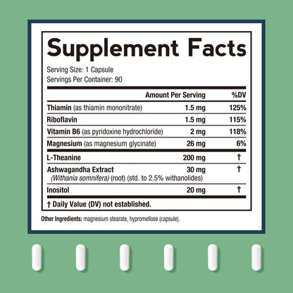 Doctor's Recipes L-Theanine 200 mg, Magnesium Glycinate, Ashwagandha, Inositol, Vitamin B6 B1 B2, Calm Relaxation Mood Cortisol Manager Nerve Focus Sleep Aid Quality No Drowsiness, Vegan, 90 Capsules - dailyvitalstore