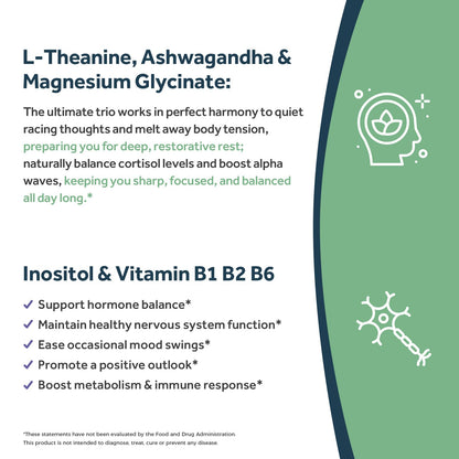Doctor's Recipes L-Theanine 200 mg, Magnesium Glycinate, Ashwagandha, Inositol, Vitamin B6 B1 B2, Calm Relaxation Mood Cortisol Manager Nerve Focus Sleep Aid Quality No Drowsiness, Vegan, 90 Capsules - dailyvitalstore