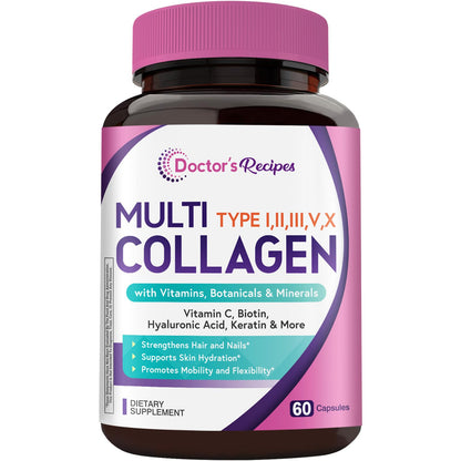Doctor's Recipes Multi Collagen Peptides, Type I, II, III, V, X, 1000 mg Per Serving, Vitamin C, Biotin, Hyaluronic Acid, Keratin, Turmeric, for Hair, Nails, Skin, Stay Active, Antioxidant, 60 Caps - dailyvitalstore