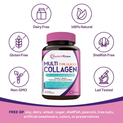 Doctor's Recipes Multi Collagen Peptides, Type I, II, III, V, X, 1000 mg Per Serving, Vitamin C, Biotin, Hyaluronic Acid, Keratin, Turmeric, for Hair, Nails, Skin, Stay Active, Antioxidant, 60 Caps - dailyvitalstore