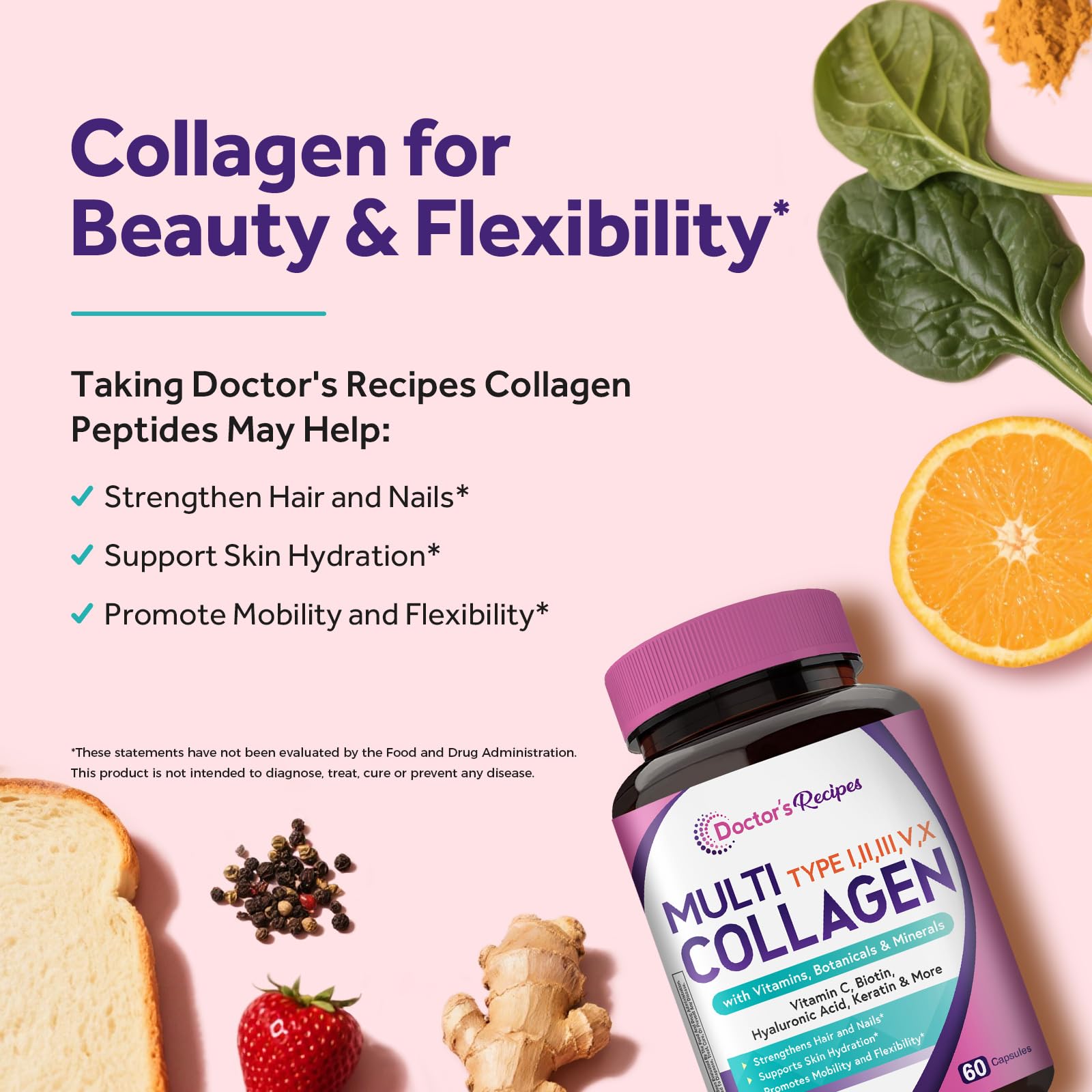 Doctor's Recipes Multi Collagen Peptides, Type I, II, III, V, X, 1000 mg Per Serving, Vitamin C, Biotin, Hyaluronic Acid, Keratin, Turmeric, for Hair, Nails, Skin, Stay Active, Antioxidant, 60 Caps - dailyvitalstore