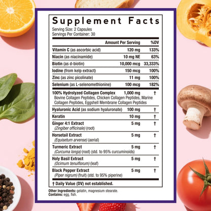 Doctor's Recipes Multi Collagen Peptides, Type I, II, III, V, X, 1000 mg Per Serving, Vitamin C, Biotin, Hyaluronic Acid, Keratin, Turmeric, for Hair, Nails, Skin, Stay Active, Antioxidant, 60 Caps - dailyvitalstore