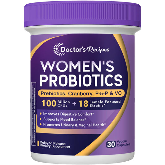 Doctor's Recipes Probiotics for Women, 100 Billion CFU, 18 Probiotic Strains, Prebiotics, Cranberry, P-5-P & VC, Vaginal, Digestive & Immune Support, Shelf-Stable, 30 Vegan Caps - dailyvitalstore