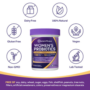 Doctor's Recipes Probiotics for Women, 100 Billion CFU, 18 Probiotic Strains, Prebiotics, Cranberry, P-5-P & VC, Vaginal, Digestive & Immune Support, Shelf-Stable, 30 Vegan Caps - dailyvitalstore