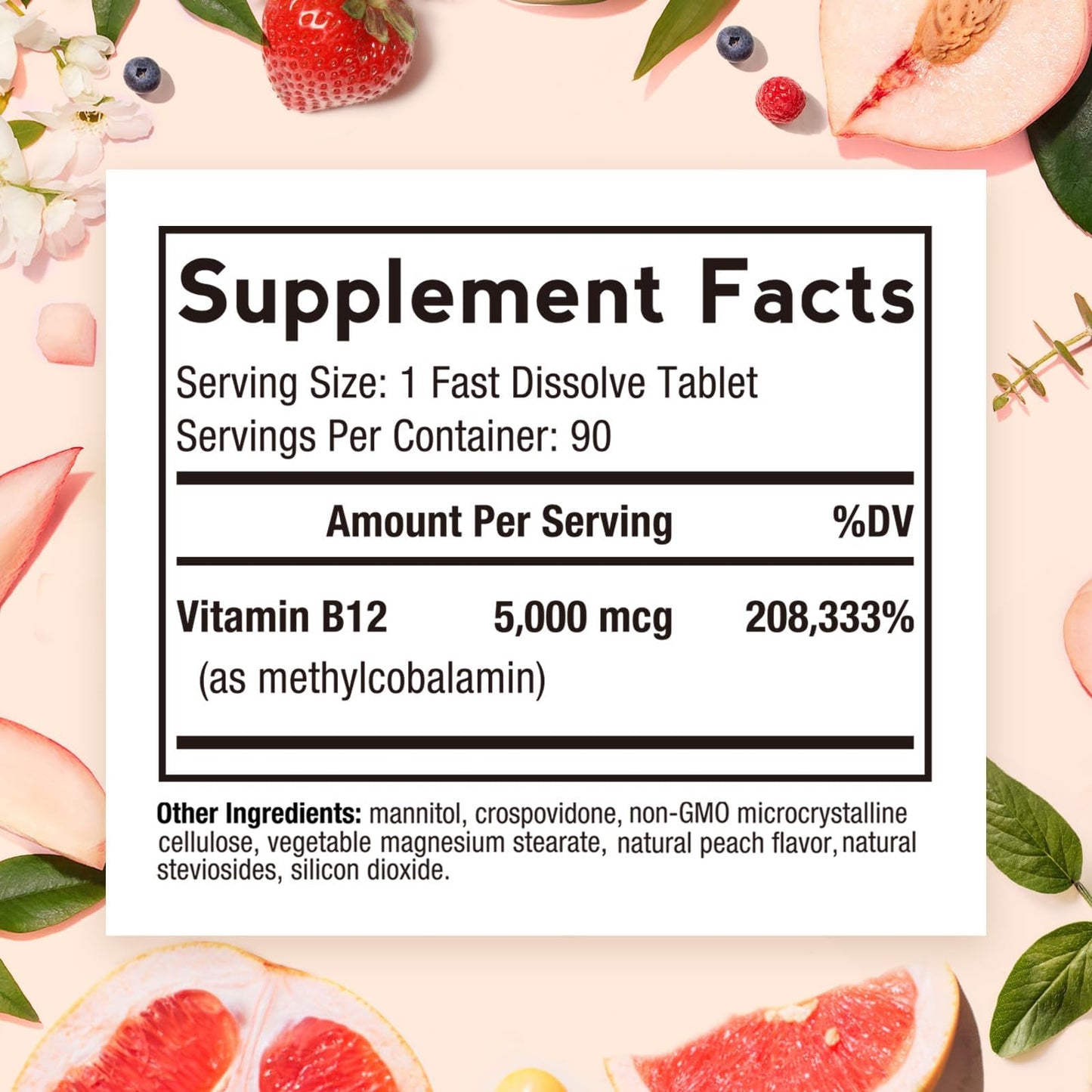 Doctor's Recipes Vitamin B12, Methylcobalamin 5000 mcg 90 Fast Dissolve Tablets, Natural Peach Flavor, Vegan Methyl, Energy Metabolism & Nervous System - dailyvitalstore